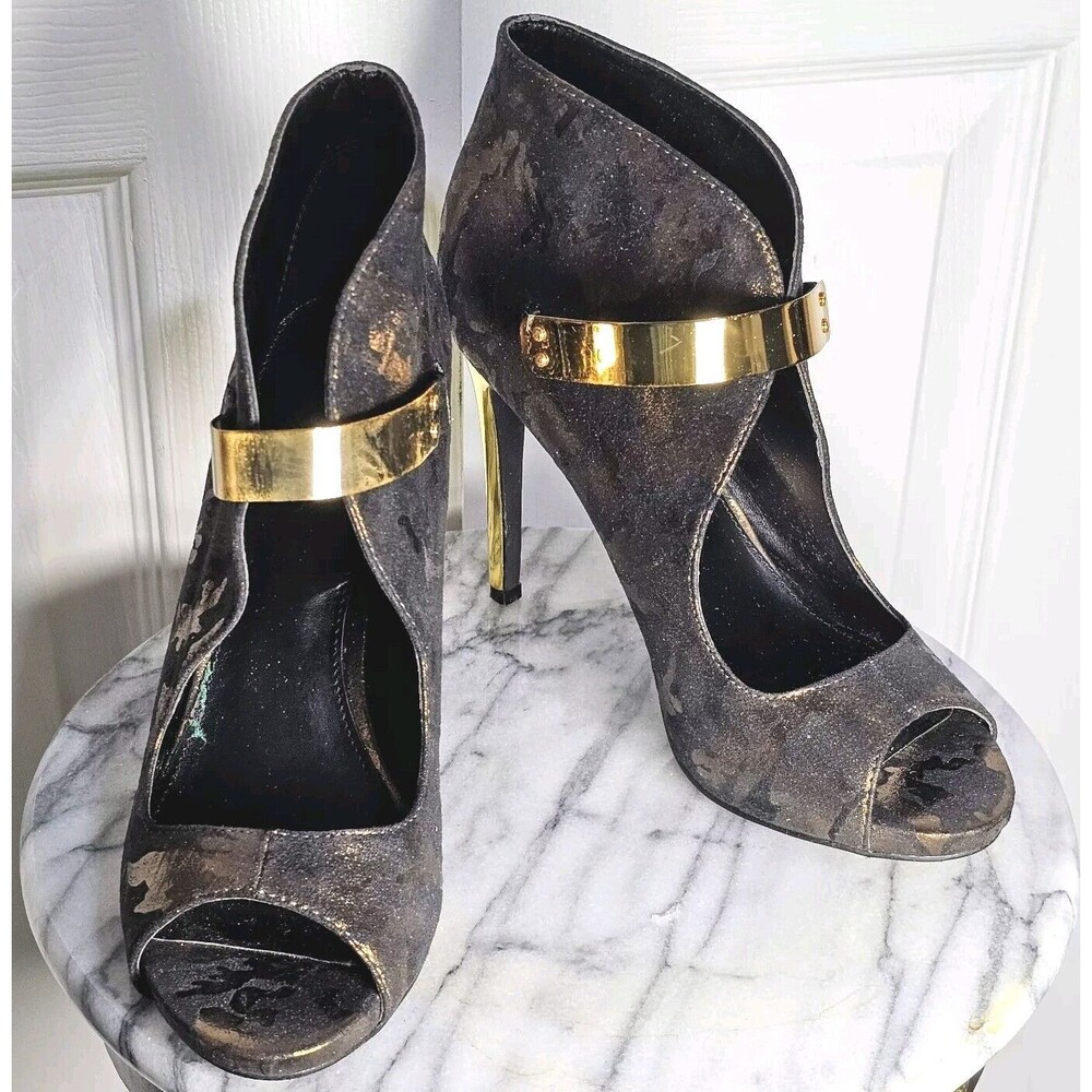 Fergie Remix Peep Toe Dress Pump Bronz Metallic Camouflage Hook Loop US 7.5M